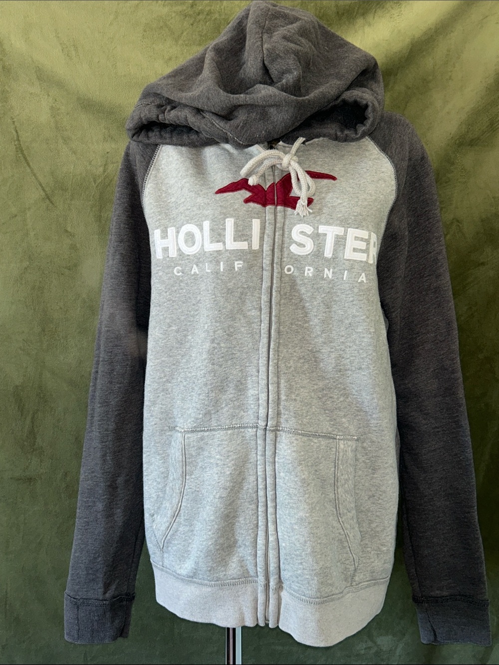 Hollister Two-Tone Gray Zip Hoodie with Red Logo